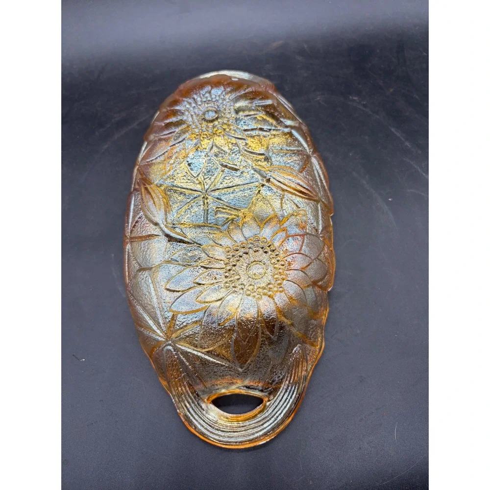 Vintage Marigold Carnival Glass Sunflower Relish Dish Iridescent Amber Bowl‎